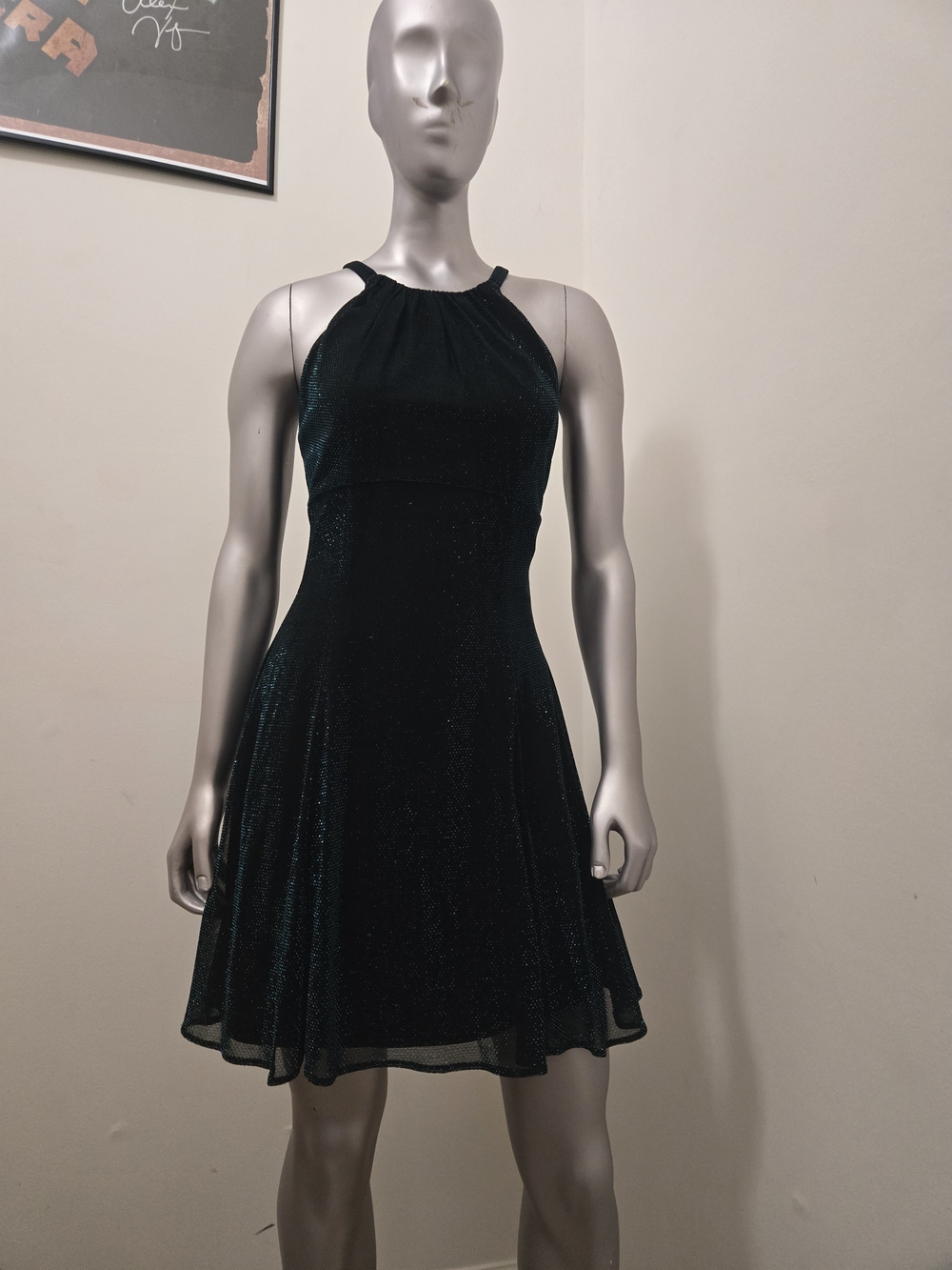 Jessica McClintock Shimmer Halter Skater Dress in Deep Teal